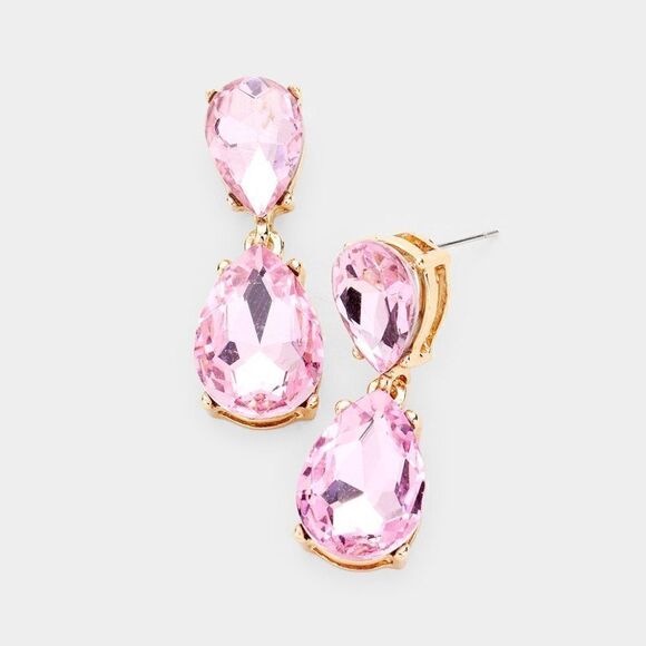 Pink Crystal Double Teardrop Gold Earrings - Picture 3 of 5